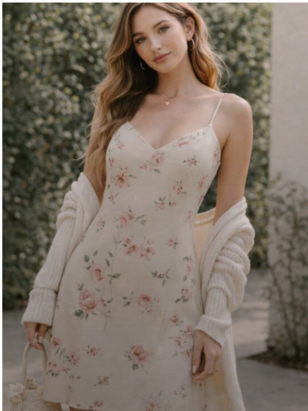 Coquette Floral Midi Slip Dress Cream Pink Spaghetti Strap S